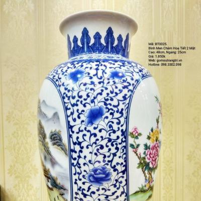 Bình Men Chàm họa tiết 2 mặt: Phượng Hoàng Hoa Mẫu Đơn - Sơn Thủy-